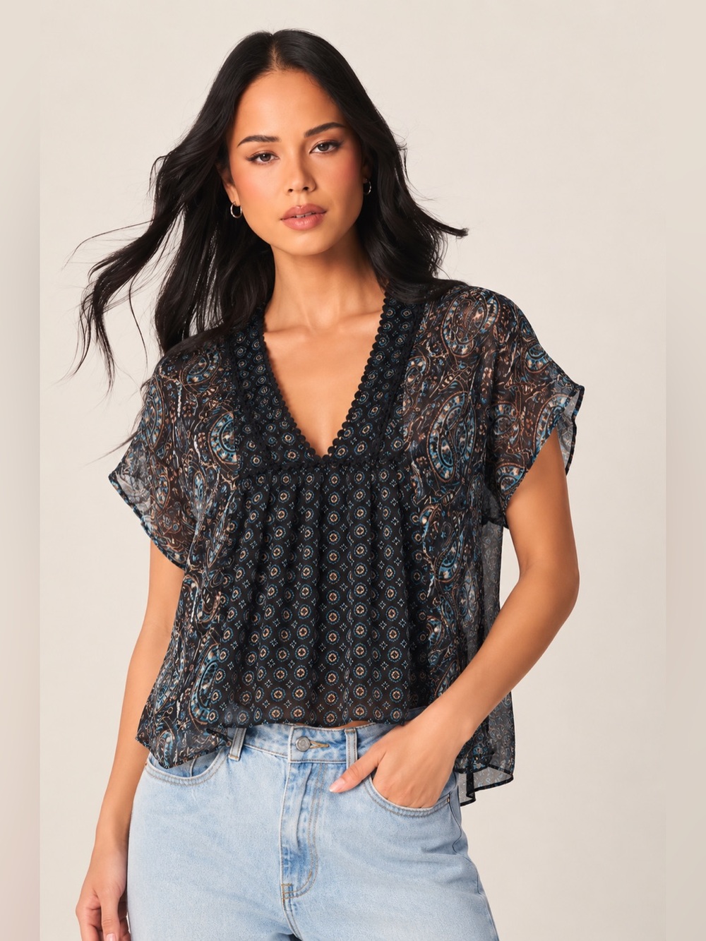 Xhilaration Womens Sheer Boho Top Size M Whimsigoth Peasant Fairy Y2K Flowy